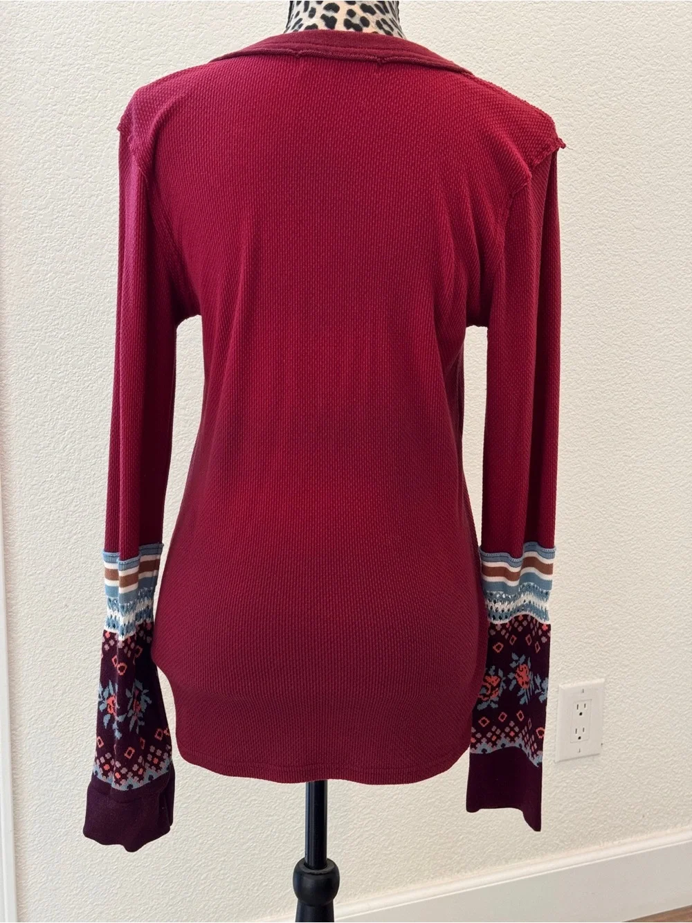 Free People Burgundy Mikah Layering Long Sleeve Henley with Patterned Cuffs - Picture 5 of 6